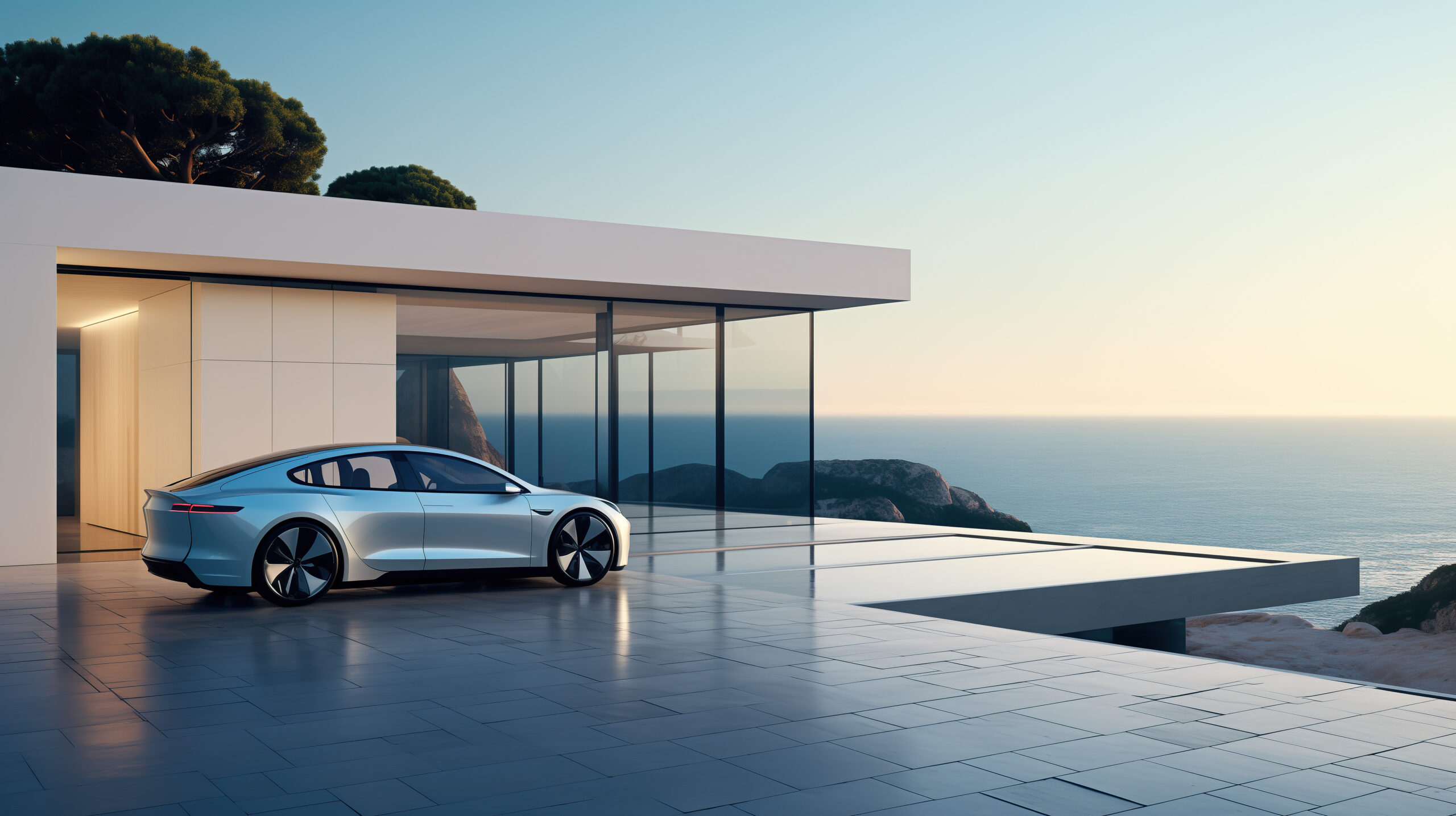 electric car parked outside modern villa house with seaview