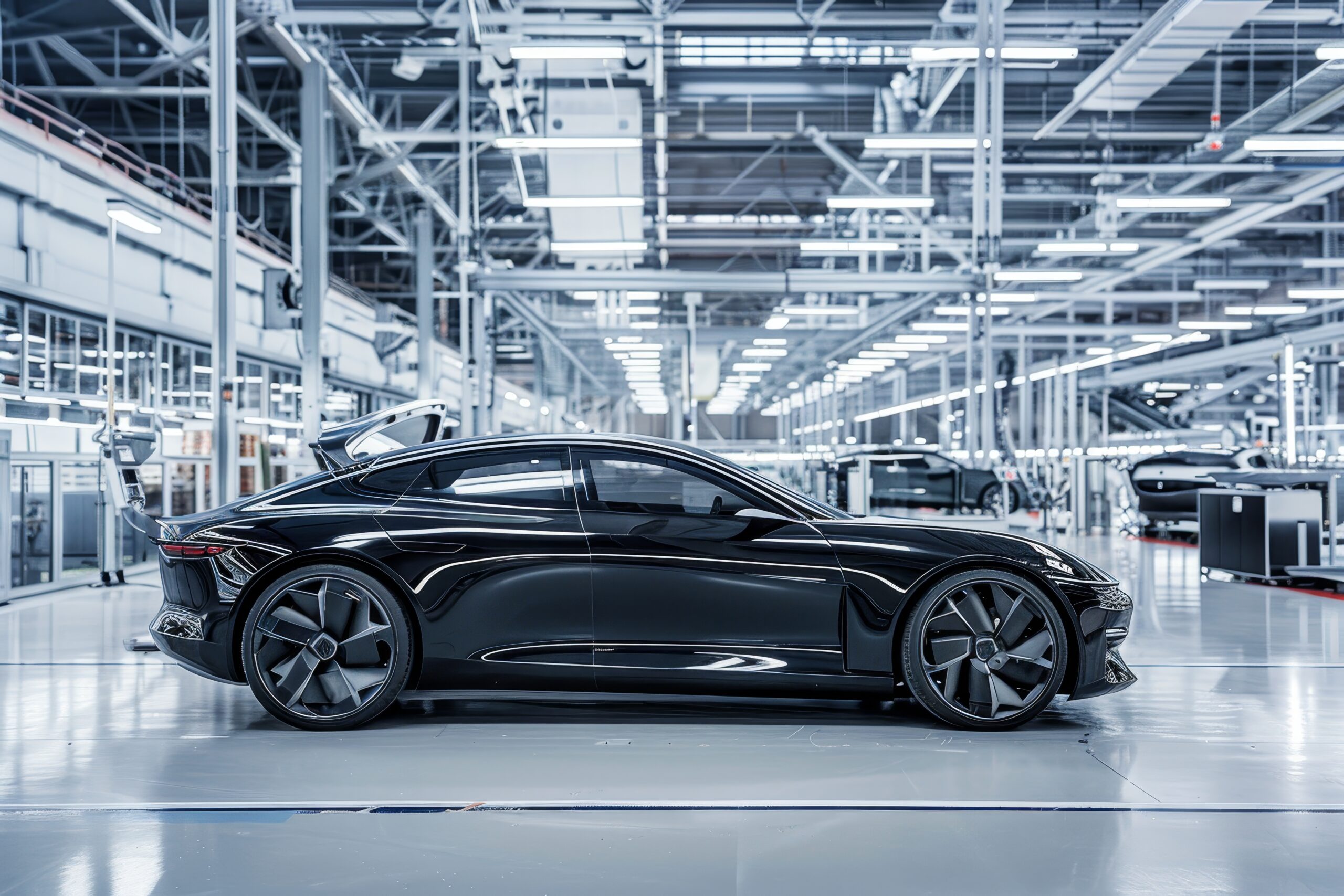 black sports car in production facility
